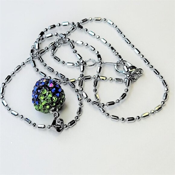 STRAWBERRY Shape Mini Aqua Blue and Lime Green Rhinestone Small Pendant Necklace - Picture 2 of 12